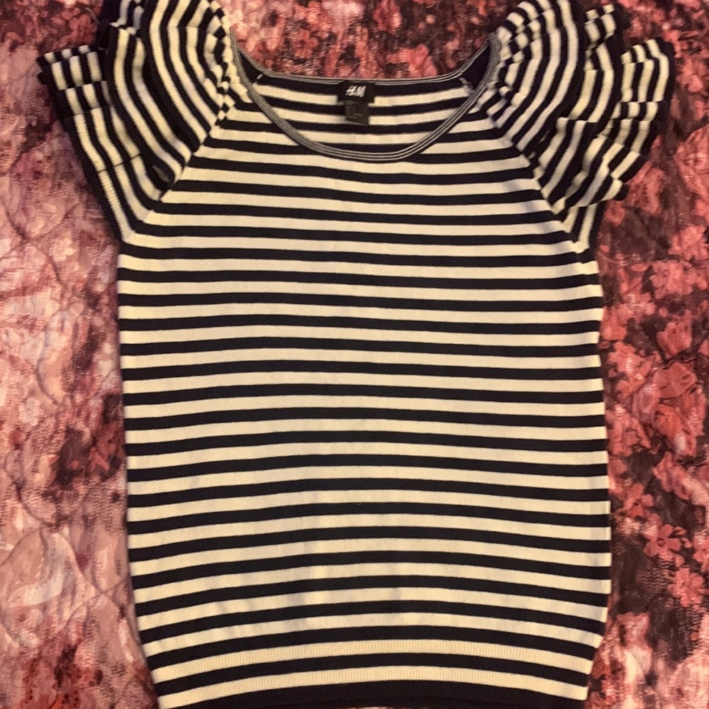 Ruffles cap sleeve navy and white striped sweater.